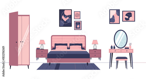 Modern bedroom interior design with a pink and blue color scheme, featuring a bed, wardrobe, and a vanity dressing table.