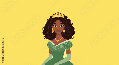 Beautiful black princess with curly dark hair, wearing a golden crown and an elegant green dress on a yellow background.