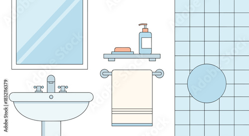Minimalist illustration of various bathroom elements, including a sink, mirror, towel rack, and a shelf with soap dispensers.