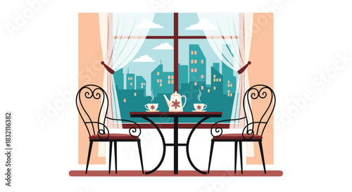 Cozy cafe scene with a table for two set for tea or coffee, overlooking a beautiful city skyline through a large window.