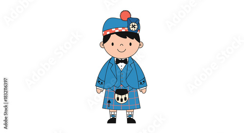 Cute cartoon character of a Scottish boy dressed in a traditional blue and plaid formal kilt outfit with a sporran.