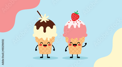 Two cute kawaii ice cream cone characters, vanilla and strawberry, with happy faces on a colorful pastel blue background.