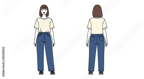 Front and back view illustration of a woman with short hair wearing a casual outfit of a cream t-shirt and blue jeans.
