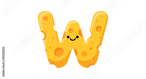 Cute and cheesy food alphabet with the capital letter W designed to look like a yellow piece of Swiss cheese with holes.