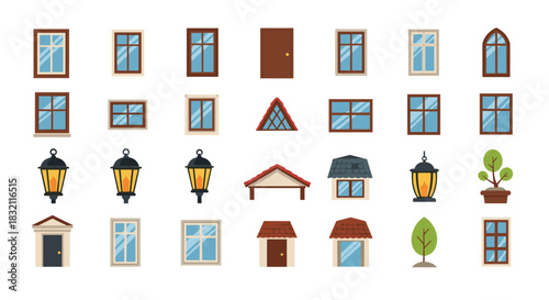 Large collection of exterior architectural elements in a flat style, including various windows, doors, roofs, and street lamps.