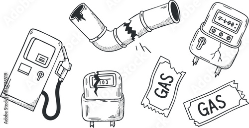 A collection of fuel-related elements including a gas pump, broken pipe, gas meter, and warning signs in black and white vector style, ideal for energy and industrial design projects