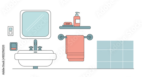 Modern bathroom interior elements illustrated in a clean line art style, with a sink, mirror, towel, and soap dispenser.