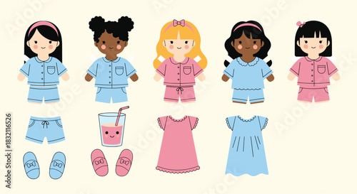 Cute paper doll set with five diverse girls and a collection of pajamas, nightgowns, slippers, and a drink accessory.