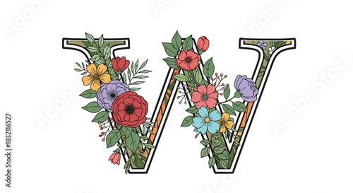 Elegant capital letter W from the floral alphabet, intricately decorated with a beautiful arrangement of colorful hand-drawn flowers.