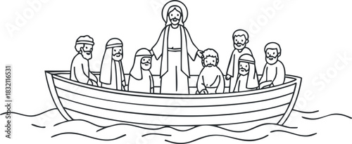 A scene depicting Jesus with his disciples in a boat on water in outline vector style, suitable for religious themes and storytelling