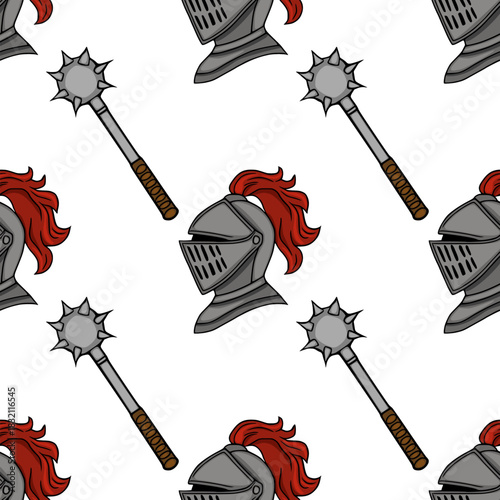 A seamless vector pattern featuring medieval knight helmets with red plumes and spiked maces, rendered in a graphic, illustrative style.