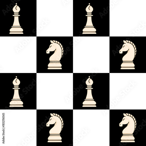 Seamless vector pattern featuring white chess bishops and knights on a black and white checkered background.