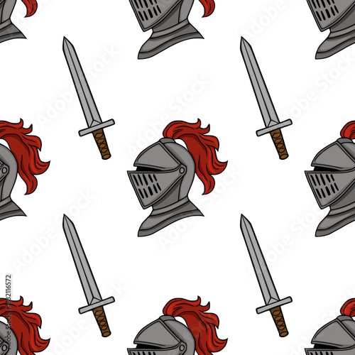 Seamless vector pattern of medieval knight helmets with red plumes and swords, featuring a classic, stylized illustration.