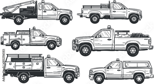 A collection of various pickup trucks in detailed outline vector style, suitable for automotive design and illustrations