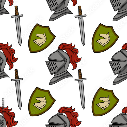 Seamless vector pattern of medieval knight helmets, swords, and shields with a heraldic horse emblem.