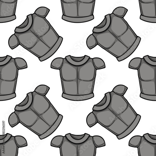 Seamless vector pattern of stylized medieval knight's chest armor, featuring a classic grey metallic look with bold black outlines.