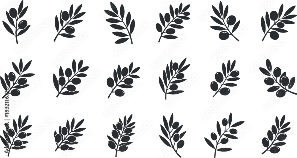 Fototapeta premium A collection of olive branches and leaves in black silhouette vector style, perfect for food packaging and organic branding