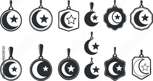 A collection of moon and star pendants in black and white vector style, suitable for jewelry design and decorative projects