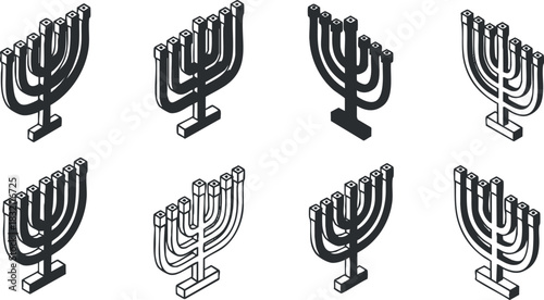 A set of eight stylized menorah illustrations in black and white outline vector style, ideal for holiday design and decoration