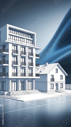Architectural rendering of a multi-story building and a house, with a digital blue backdrop