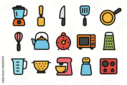 Colorful kitchen utensils and appliances - blender, kettle, knife, and more