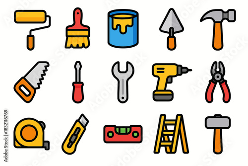 Colorful construction and repair tools for home improvement projects