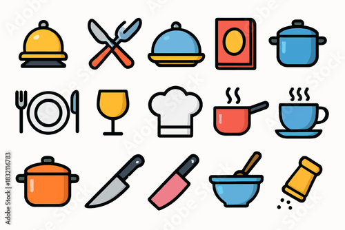 Colorful kitchen utensils and cookware icons