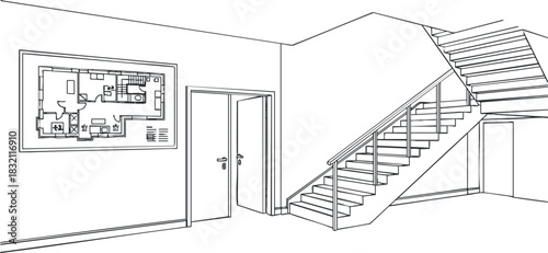 A detailed interior architectural layout featuring stairs and a floor plan in minimalist outline vector style, suitable for design projects and presentations
