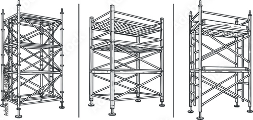A set of scaffolding structures in detailed outline vector style, suitable for construction and engineering projects