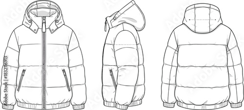Vector technical sketch of hooded puffer jacket featuring front, side, and back views, fashion flat drawing for winter apparel.