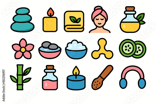Spa and relaxation icons: candles, flowers, skincare, and wellness elements