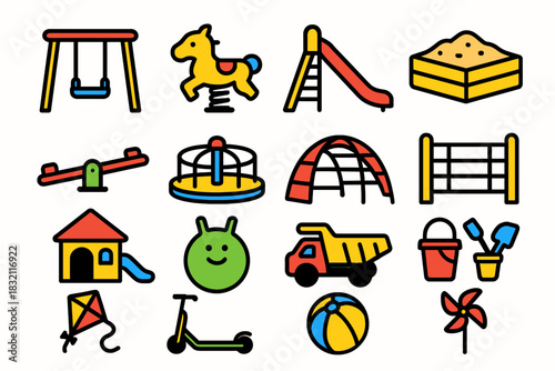 Colorful playground icons featuring equipment and toys for outdoor fun