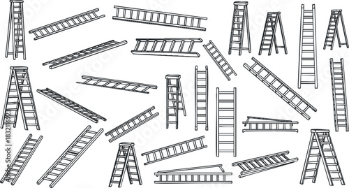 A collection of various ladder designs in black and white outline vector style, suitable for construction and home improvement projects