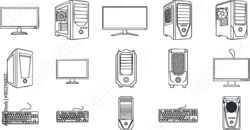 A collection of computer components including monitors, desktop cases, and keyboards in black and white outline vector style, ideal for tech-related design projects