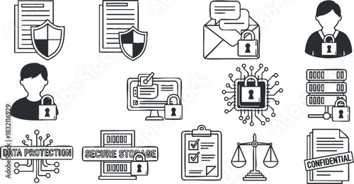 A collection of data protection and security icons in minimalistic black and white vector style, suitable for technology and privacy themes