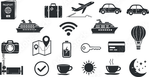 A collection of travel-related icons including passport, suitcase, airplane, cruise ship, and more in minimalist black and white vector style, perfect for travel and tourism projects