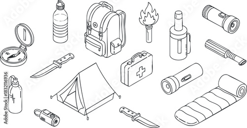 A collection of camping and survival gear icons including a backpack, tent, flashlight, and knife in outline vector style, suitable for outdoor adventure themes