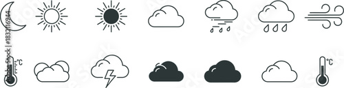 Weather forecast symbols collection. outline vector icons for meteorology, climate, temperature, sun, rain, snow, and wind. Vector