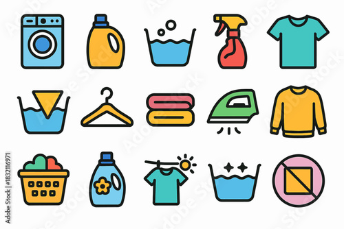 Colorful laundry icons set featuring washing machine and iron