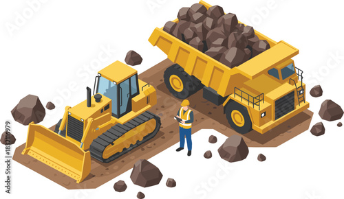 Isometric vector illustration of heavy construction machinery featuring yellow bulldozer, mining dump truck, and worker supervising site.