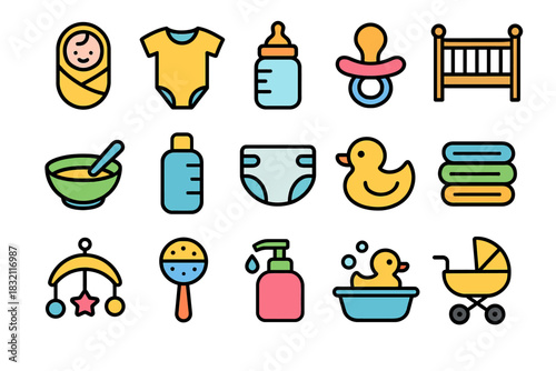 Colorful baby icons collection featuring toys, clothes, and accessories