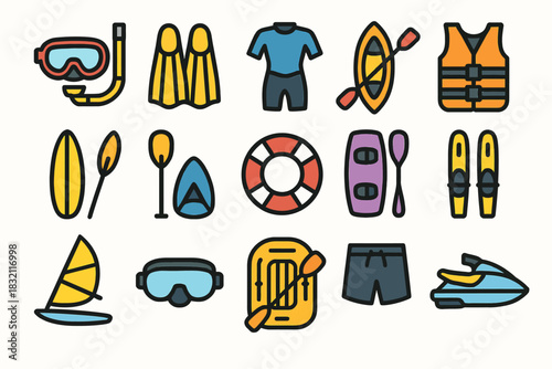 Colorful collection of water sports equipment icons for aquatic adventures