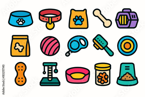 Colorful collection of pet icons: bowls, collars, toys, and care accessories