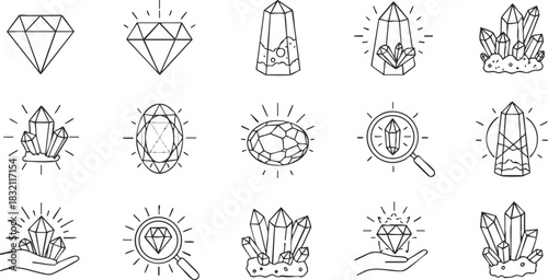 A collection of various crystal and diamond icons in minimalist black outline vector style, perfect for jewelry design and branding