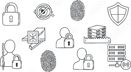 A collection of security icons including locks, fingerprints, shields, and user symbols in outline vector style, ideal for cybersecurity and privacy themes