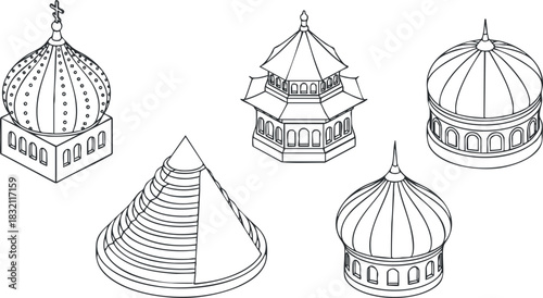 A collection of five architectural dome designs in outline vector style, suitable for cultural and historical projects