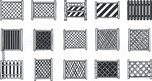 A collection of various fence designs in black and white outline vector style, suitable for landscaping and architectural projects