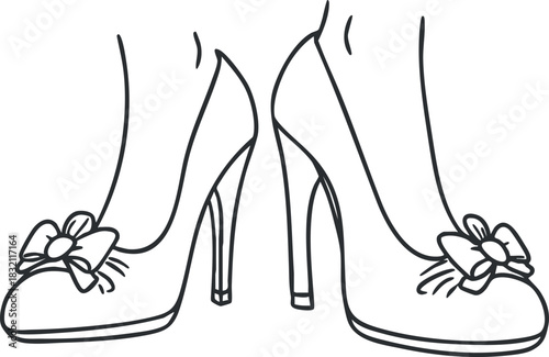 A pair of high-heeled shoes with bows in minimalist line art style, ideal for fashion branding and design