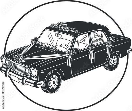 A vintage wedding car adorned with flowers and a 'Just Married' sign in black and white vector style, perfect for wedding invitations and decor