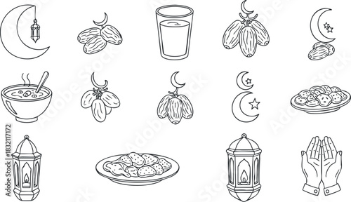 A collection of Ramadan-themed icons featuring traditional foods, drinks, and symbols in minimalist black and white vector style, perfect for cultural and festive design projects